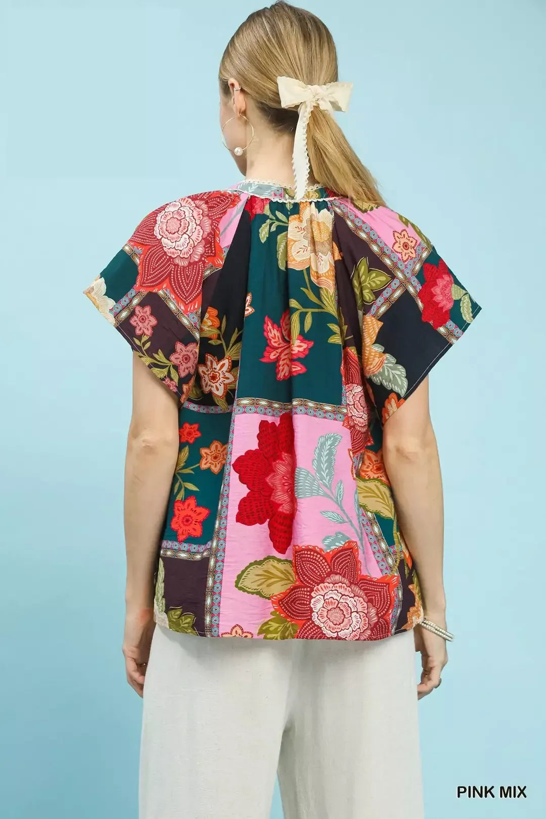 umgee mix floral Umgee Mix Floral Patchwork Tassel Tie Top view 3 (top) - shop at us.meeeshop