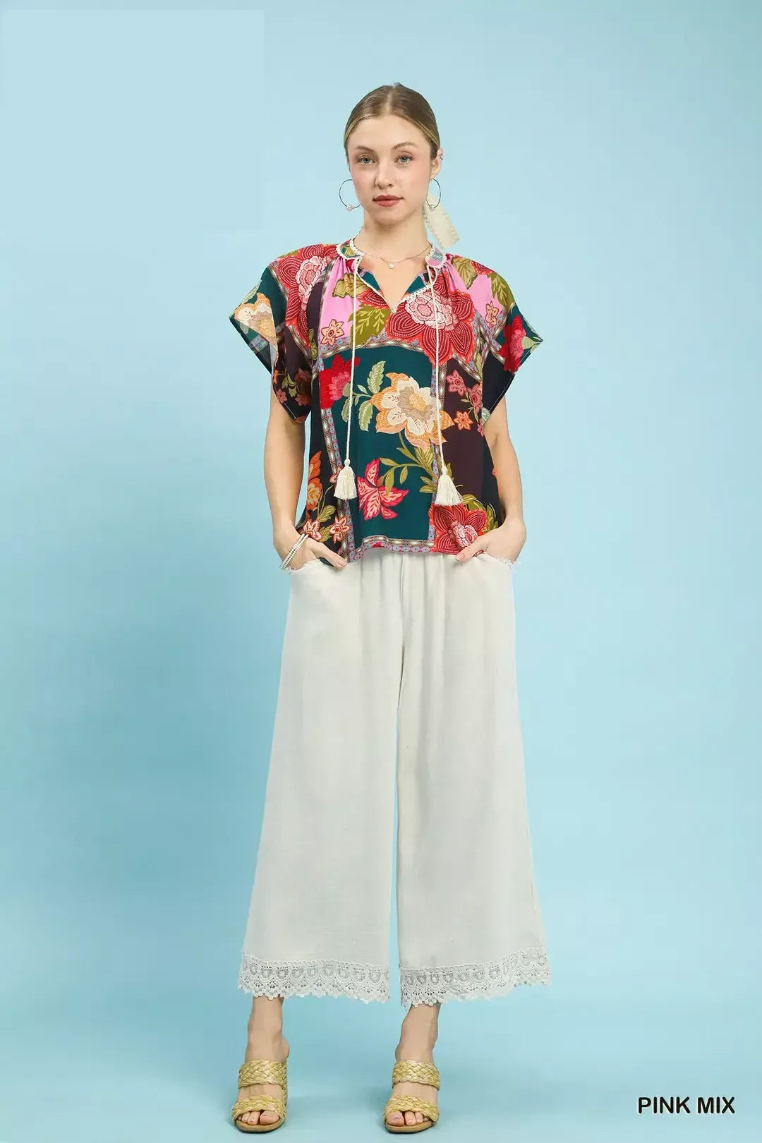 umgee mix floral Umgee Mix Floral Patchwork Tassel Tie Top view 4 (top) - shop at us.meeeshop