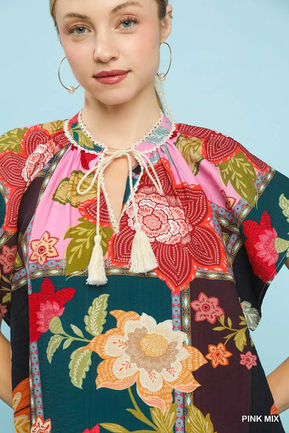 umgee mix floral Umgee Mix Floral Patchwork Tassel Tie Top view 5 (top) - shop at us.meeeshop