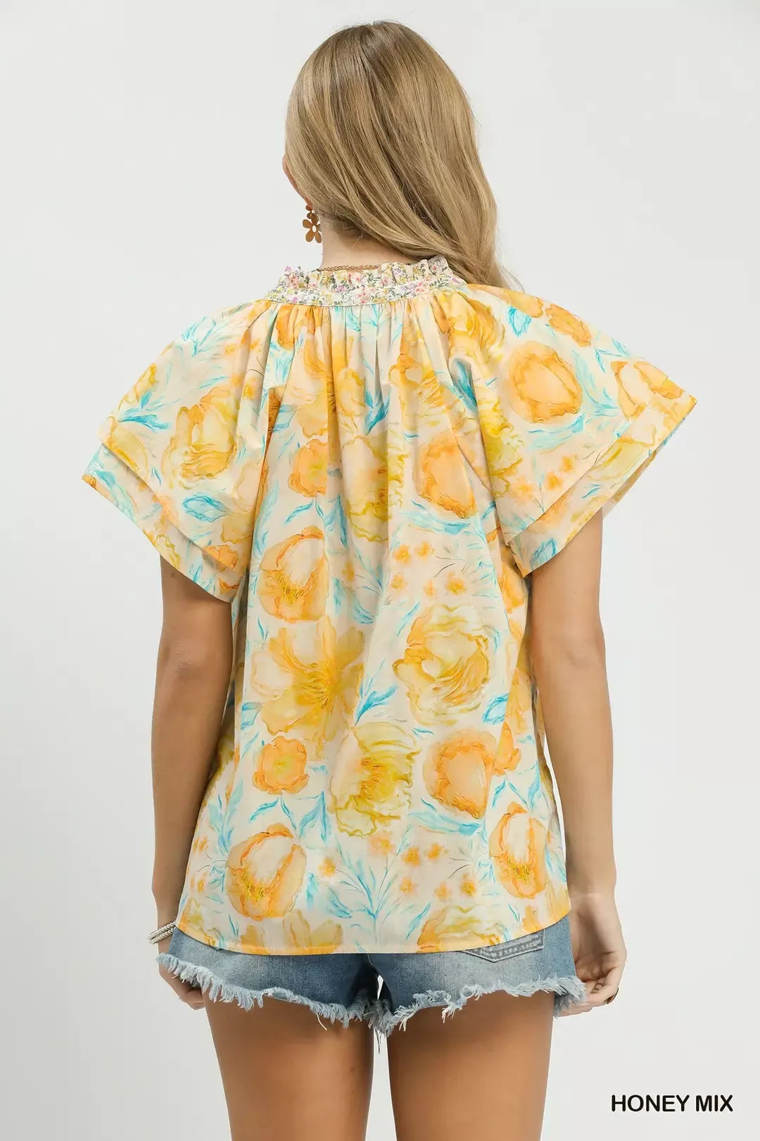 umgee mix floral Umgee Mix Floral Print Blouse with Crochet Lace Trim view 3 (top) - shop at us.meeeshop