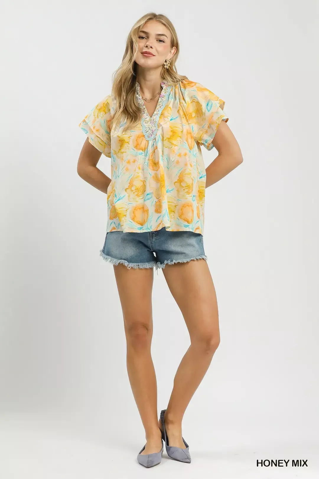 umgee mix floral Umgee Mix Floral Print Blouse with Crochet Lace Trim view 5 (top) - shop at us.meeeshop
