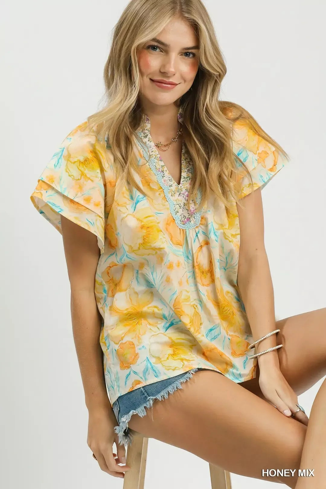 umgee mix floral Umgee Mix Floral Print Blouse with Crochet Lace Trim view 6 (top) - shop at us.meeeshop