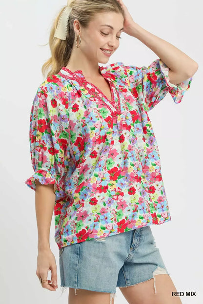 umgee mix floral Umgee Mix Floral Print Ruffle Top view 2 (top) - shop at us.meeeshop