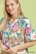 Umgee Mix Floral Print Scallop Hem Blouse CREAM MIX (top) - hem blouse, scallop hem blouse - shop at us.meeeshop