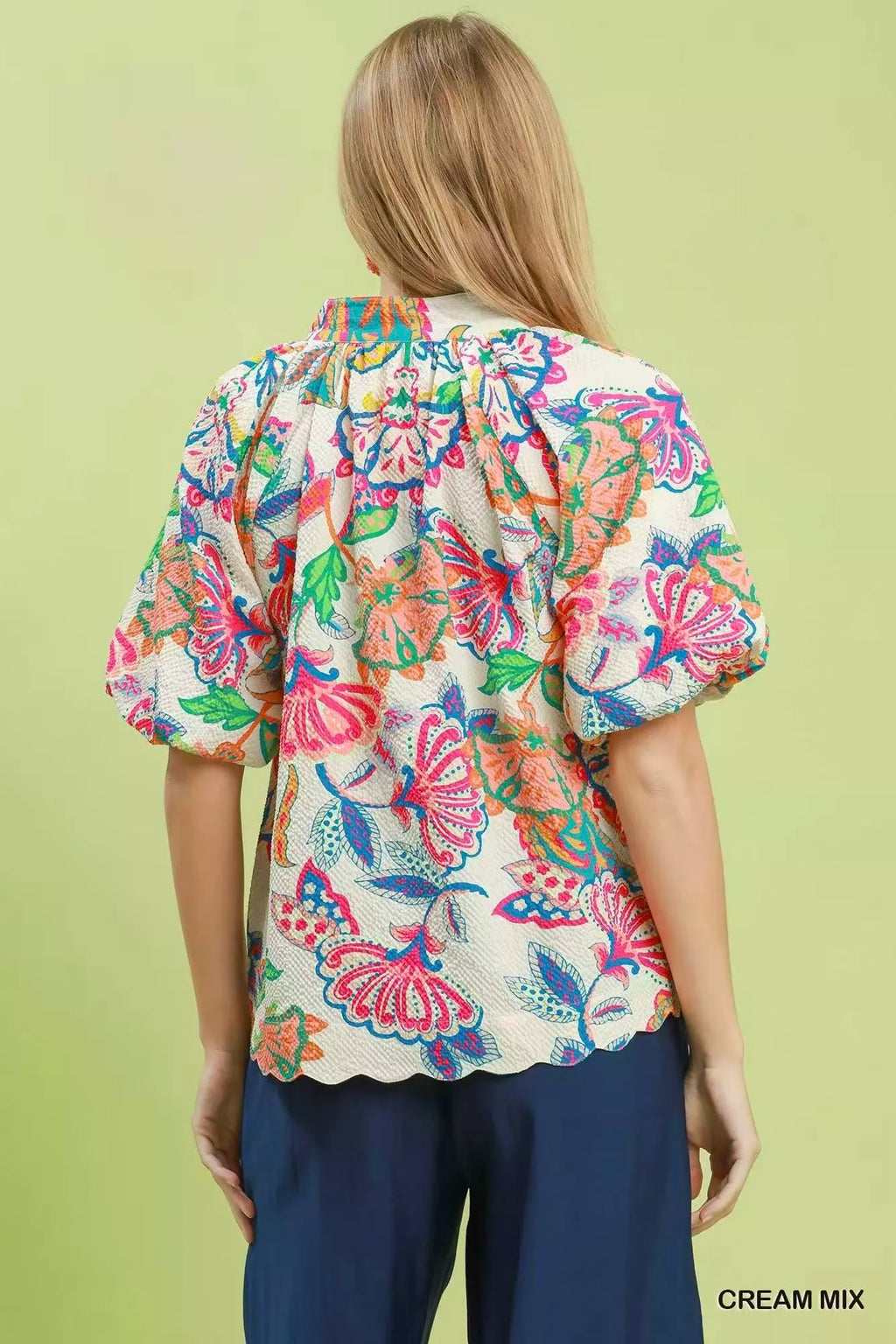 Umgee Mix Floral Print Scallop Hem Blouse CREAM MIX view 3 (top) - hem blouse, scallop hem blouse - shop at us.meeeshop