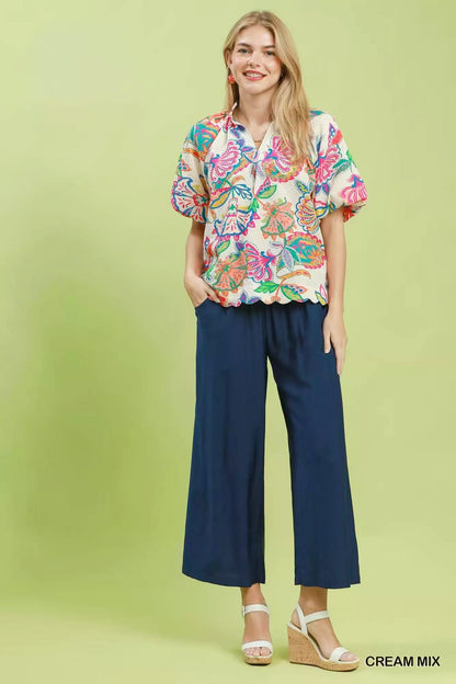 umgee mix floral Umgee Mix Floral Print Scallop Hem Blouse view 4 (top) - shop at us.meeeshop