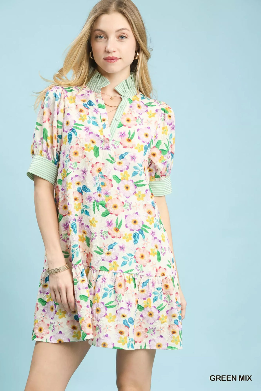 Umgee Mix Floral Ruffle Collar Tiered Babydoll Dress GREEN MIX (dress) - umgee maxi dress, umgee maxi d - shop at us.meeeshop
