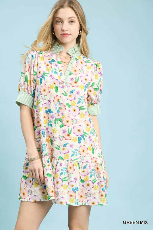 umgee mix floral Umgee Mix Floral Ruffle Collar Tiered Babydoll Dress GREEN MIX (dress) - shop at us.meeeshop