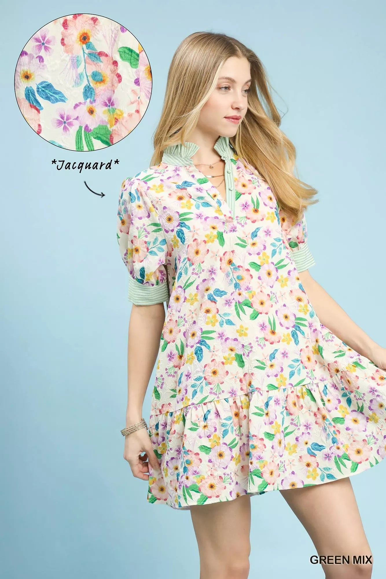 Umgee Mix Floral Ruffle Collar Tiered Babydoll Dress GREEN MIX view 2 (dress) - umgee maxi dress, umgee - shop at us.meeeshop