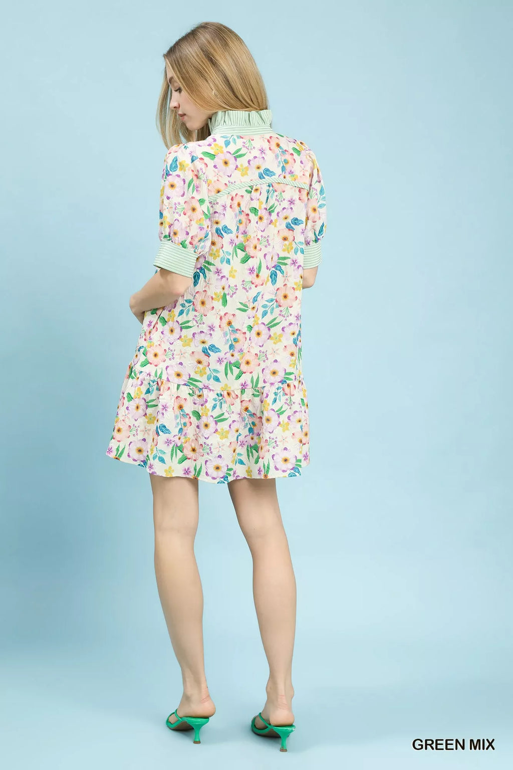 Umgee Mix Floral Ruffle Collar Tiered Babydoll Dress GREEN MIX view 3 (dress) - umgee maxi dress, umgee - shop at us.meeeshop