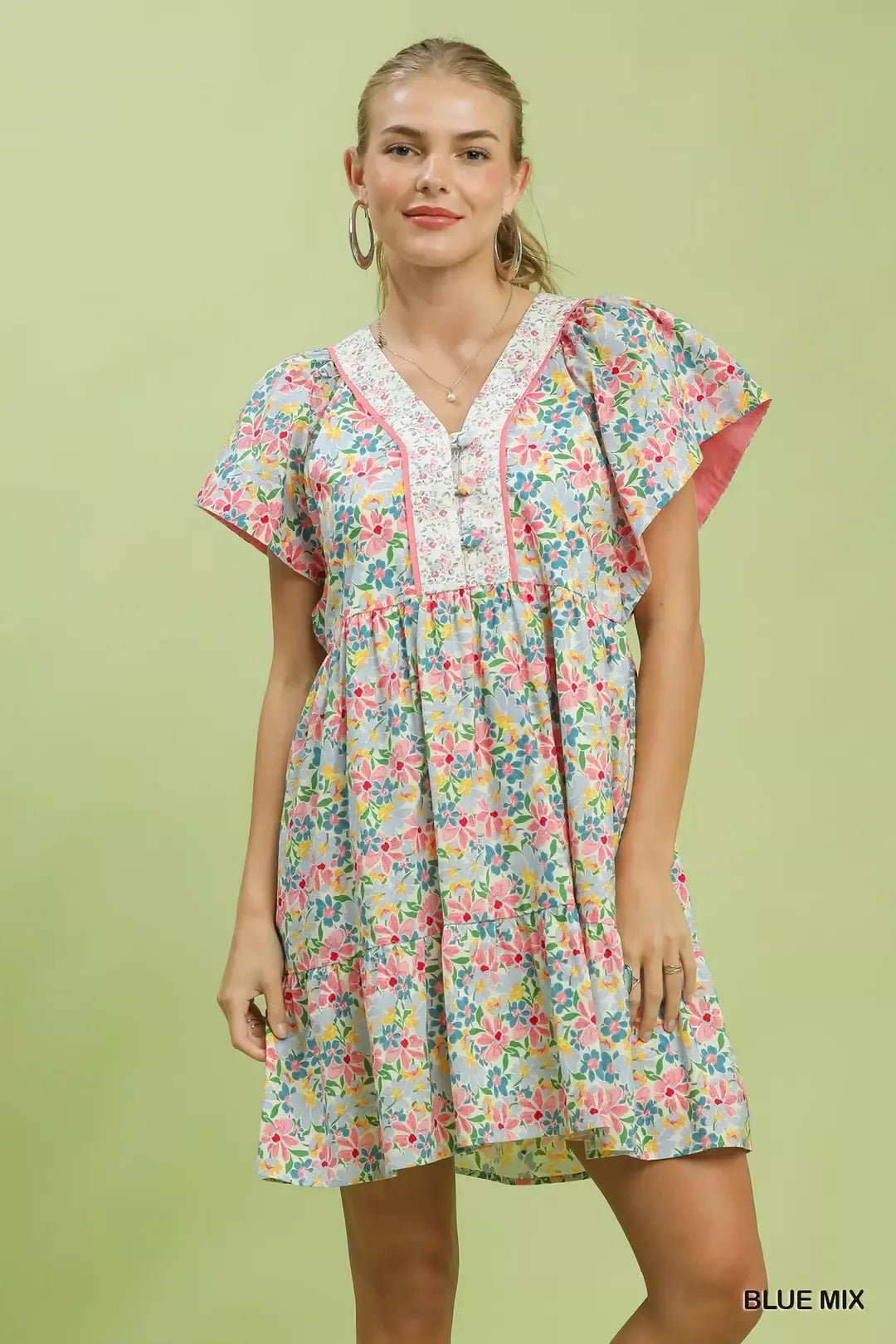 umgee mix floral Umgee Mix Floral Tiered Mini Dress with Side Pockets BLUE MIX (dress) - shop at us.meeeshop