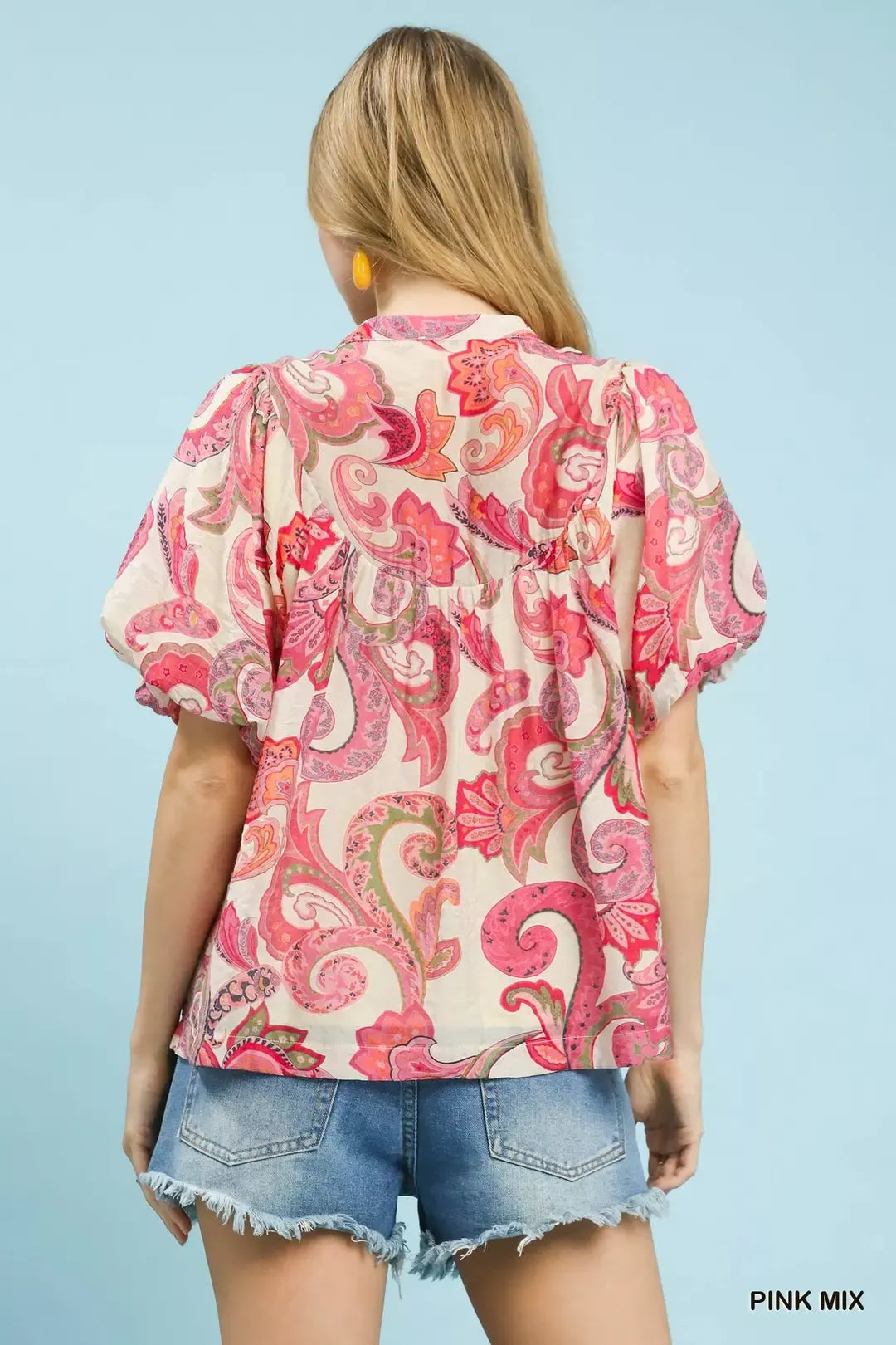 umgee mix paisley Umgee Mix Paisley Print Peasant Top with Tie Neck view 3 (top) - shop at us.meeeshop