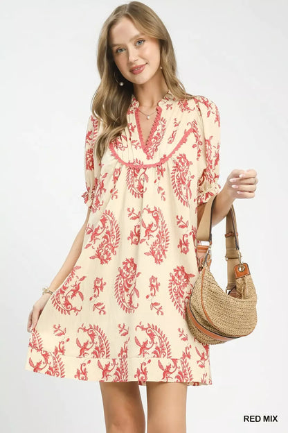 umgee mix paisley Umgee Mix Paisley Scallop Trim Dress RED MIX (dress) - shop at us.meeeshop