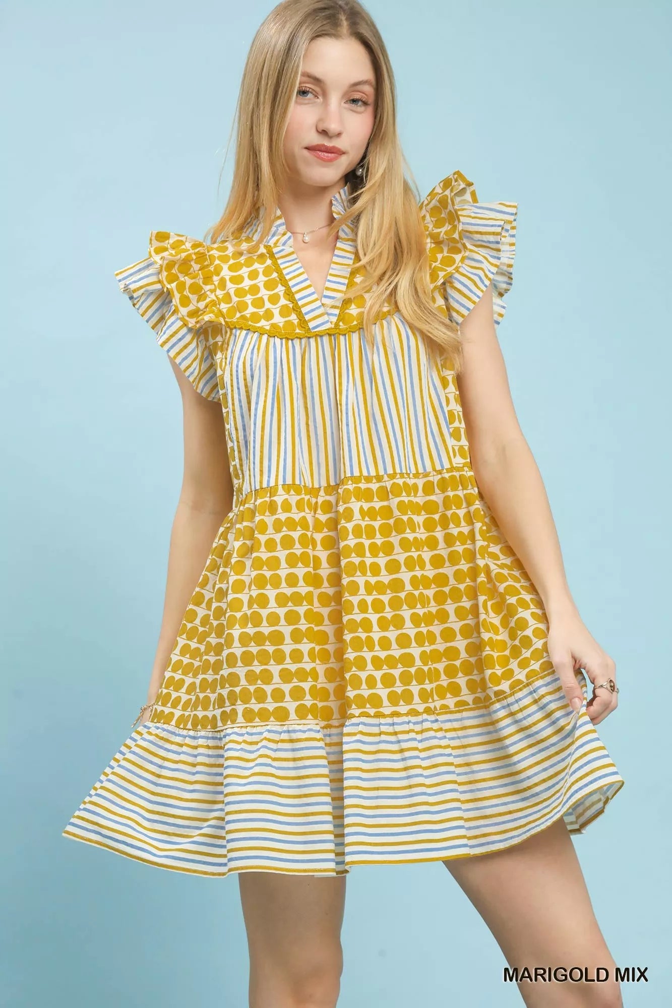 Umgee Mix Patchwork Flutter Sleeve Tiered Dress MERIGOLD MIX (dress) - umgee maxi dress, umgee maxi dre - shop at us.meeeshop