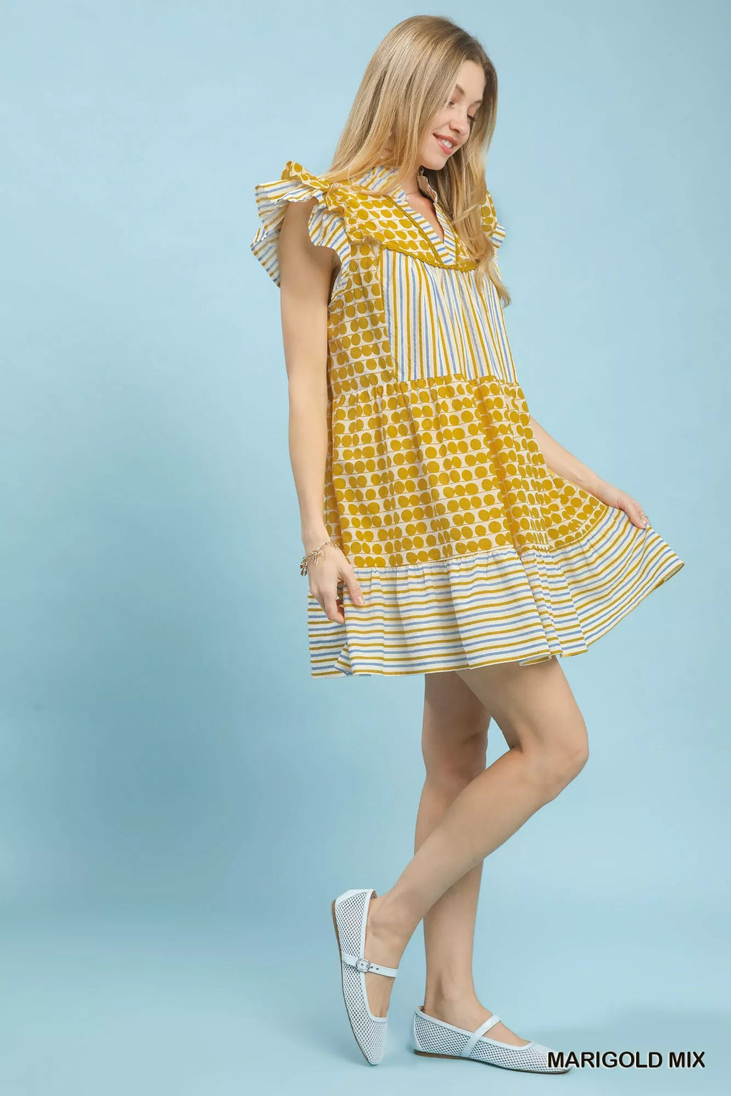 Umgee Mix Patchwork Flutter Sleeve Tiered Dress MERIGOLD MIX view 2 (dress) - umgee maxi dress, umgee m - shop at us.meeeshop