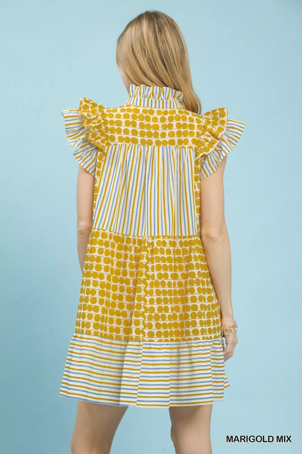 Umgee Mix Patchwork Flutter Sleeve Tiered Dress MERIGOLD MIX view 3 (dress) - umgee maxi dress, umgee m - shop at us.meeeshop