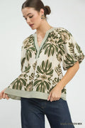 Umgee Mix Printed Puff Sleeve Top with Contrast Trim SAGE GREEN MIX (top) - umgee mixed print top, umge - shop at us.meeeshop