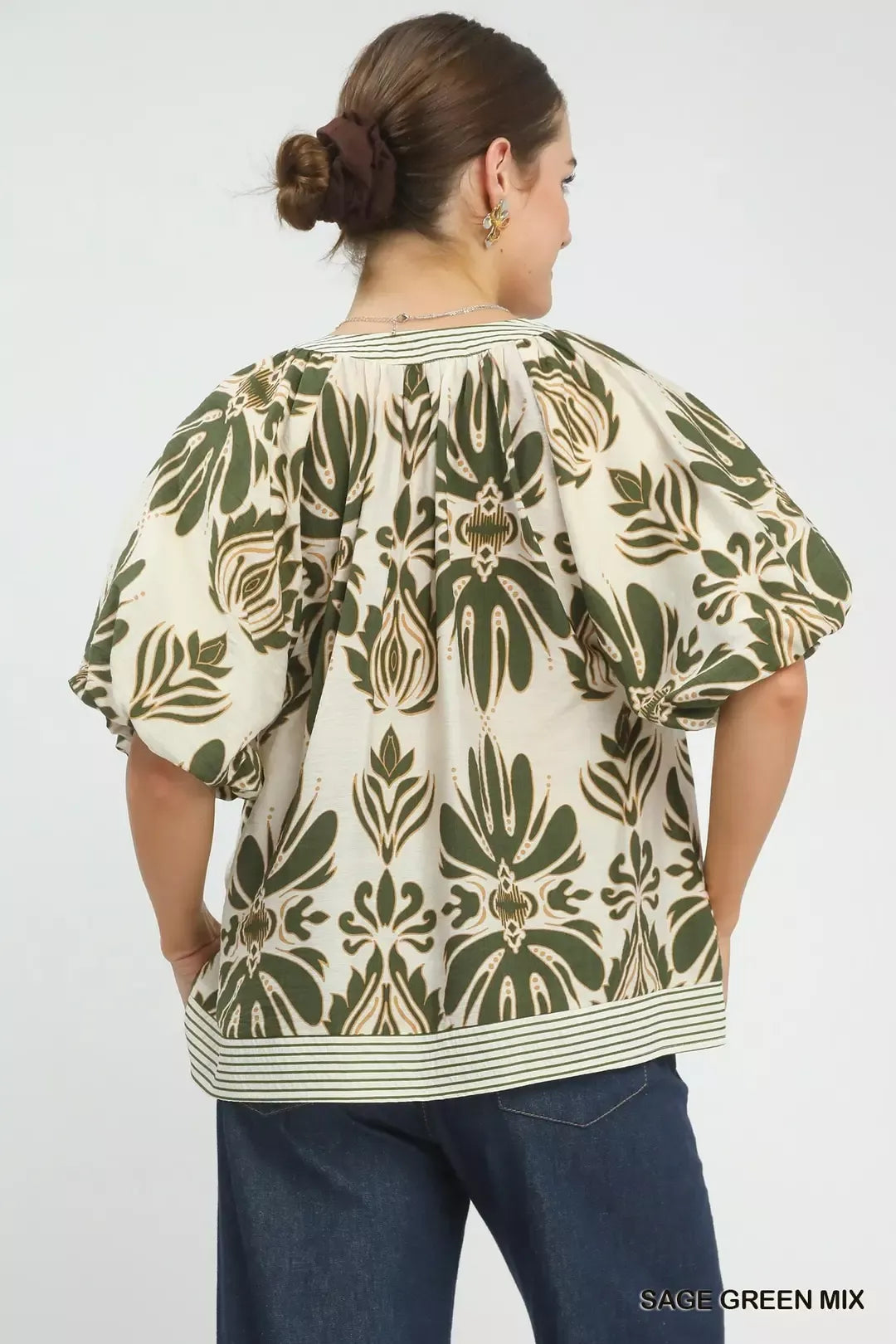 umgee mix printed Umgee Mix Printed Puff Sleeve Top with Contrast Trim view 3 (top) - shop at us.meeeshop