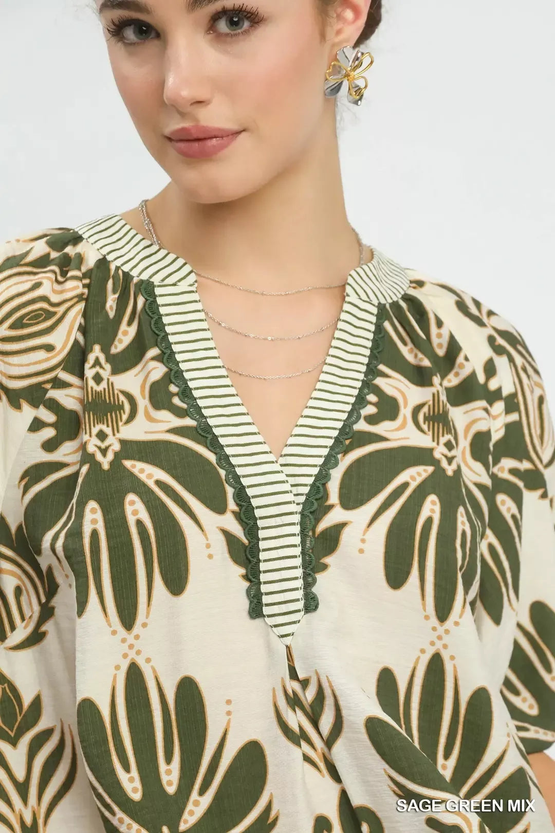 umgee mix printed Umgee Mix Printed Puff Sleeve Top with Contrast Trim view 4 (top) - shop at us.meeeshop