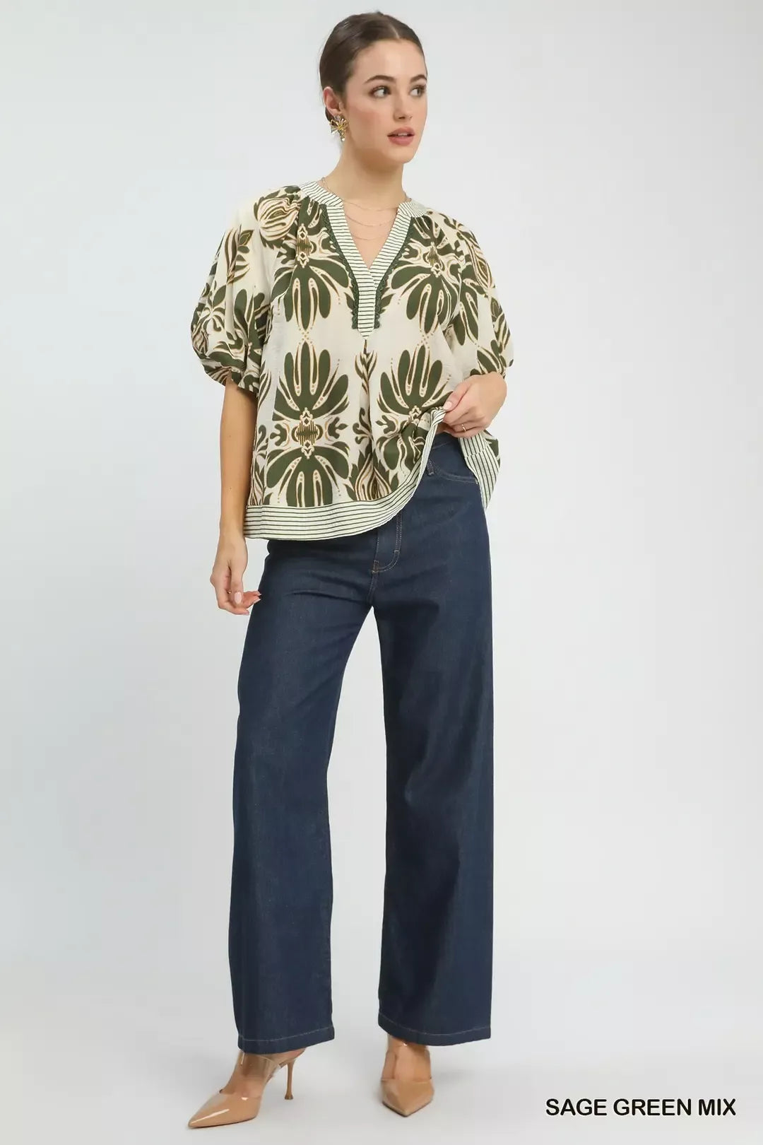 Umgee Mix Printed Puff Sleeve Top with Contrast Trim view 5 (top) - umgee mixed print top, umgee usa to - shop at us.meeeshop
