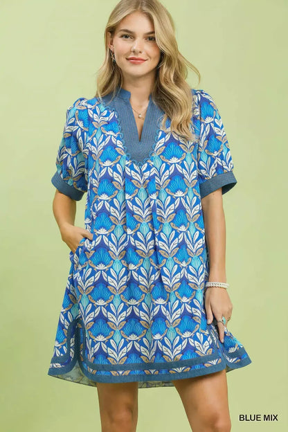 umgee mix tile Umgee Mix Tile Print Mini Dress BLUE MIX (dress) - shop at us.meeeshop