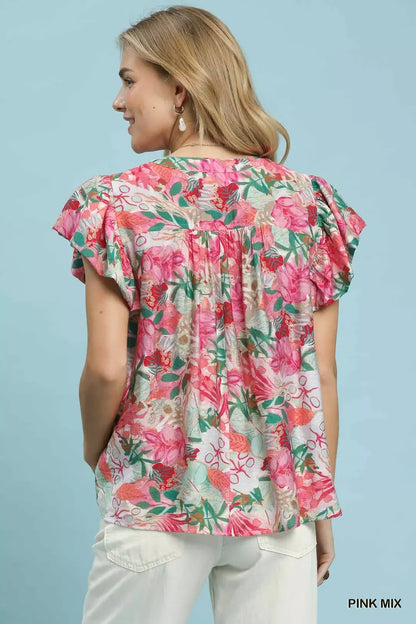 umgee mix tropical Umgee Mix Tropical Print Blouse with Ruffle Cap Sleeves view 3 (top) - shop at us.meeeshop
