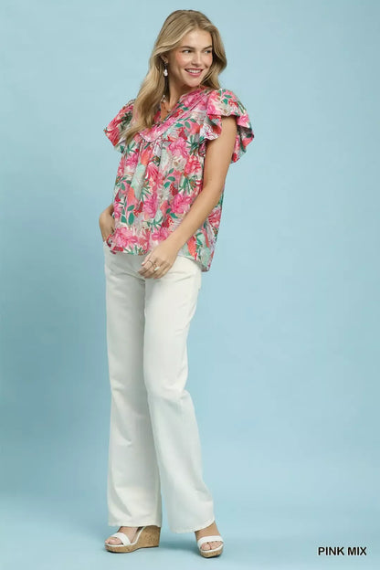 umgee mix tropical Umgee Mix Tropical Print Blouse with Ruffle Cap Sleeves view 5 (top) - shop at us.meeeshop