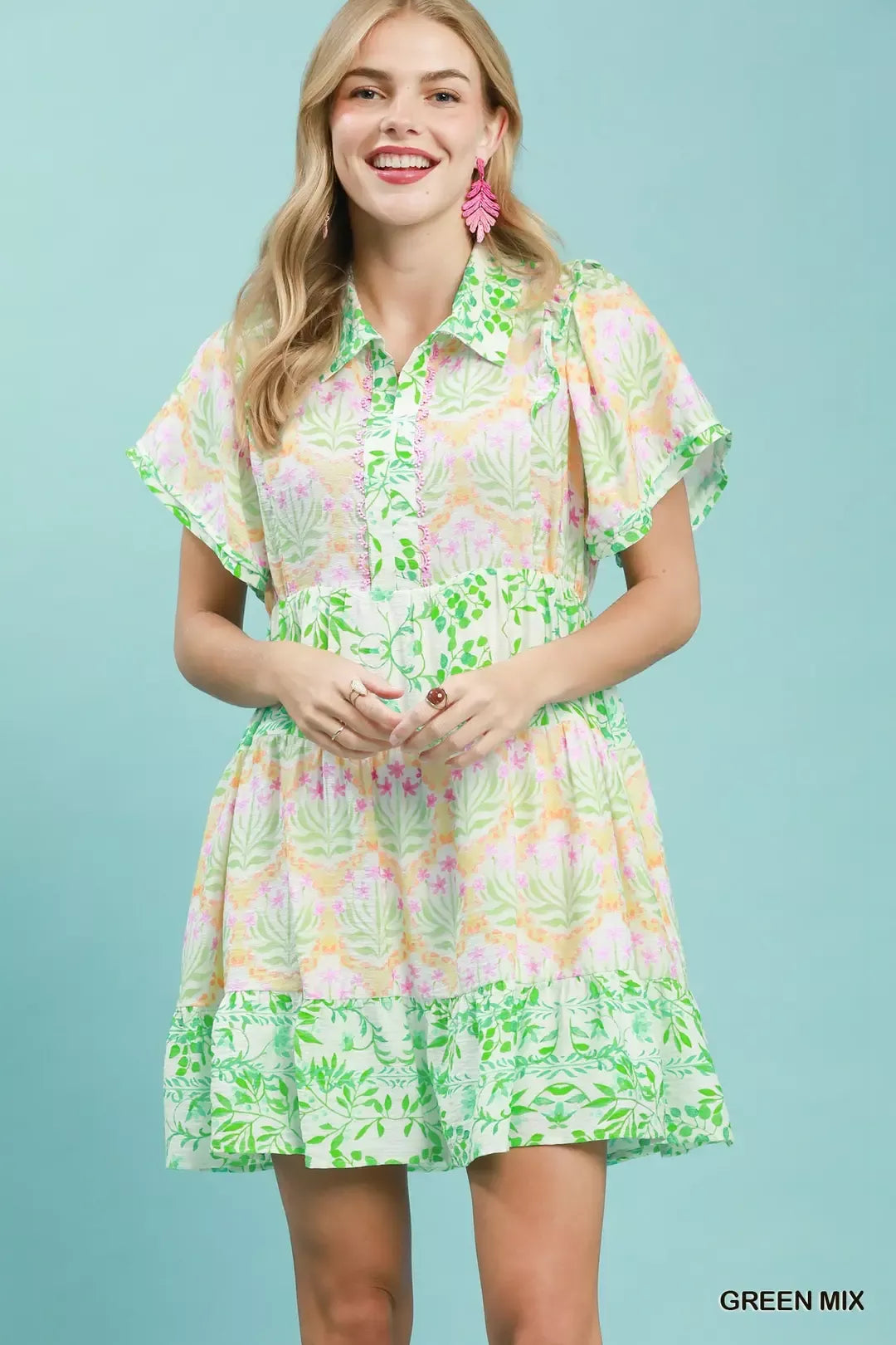 umgee mixed floral Umgee Mixed Floral Tiered Mini Dress with Flutter Sleeves GREEN MIX (dress) - shop at us.meeeshop