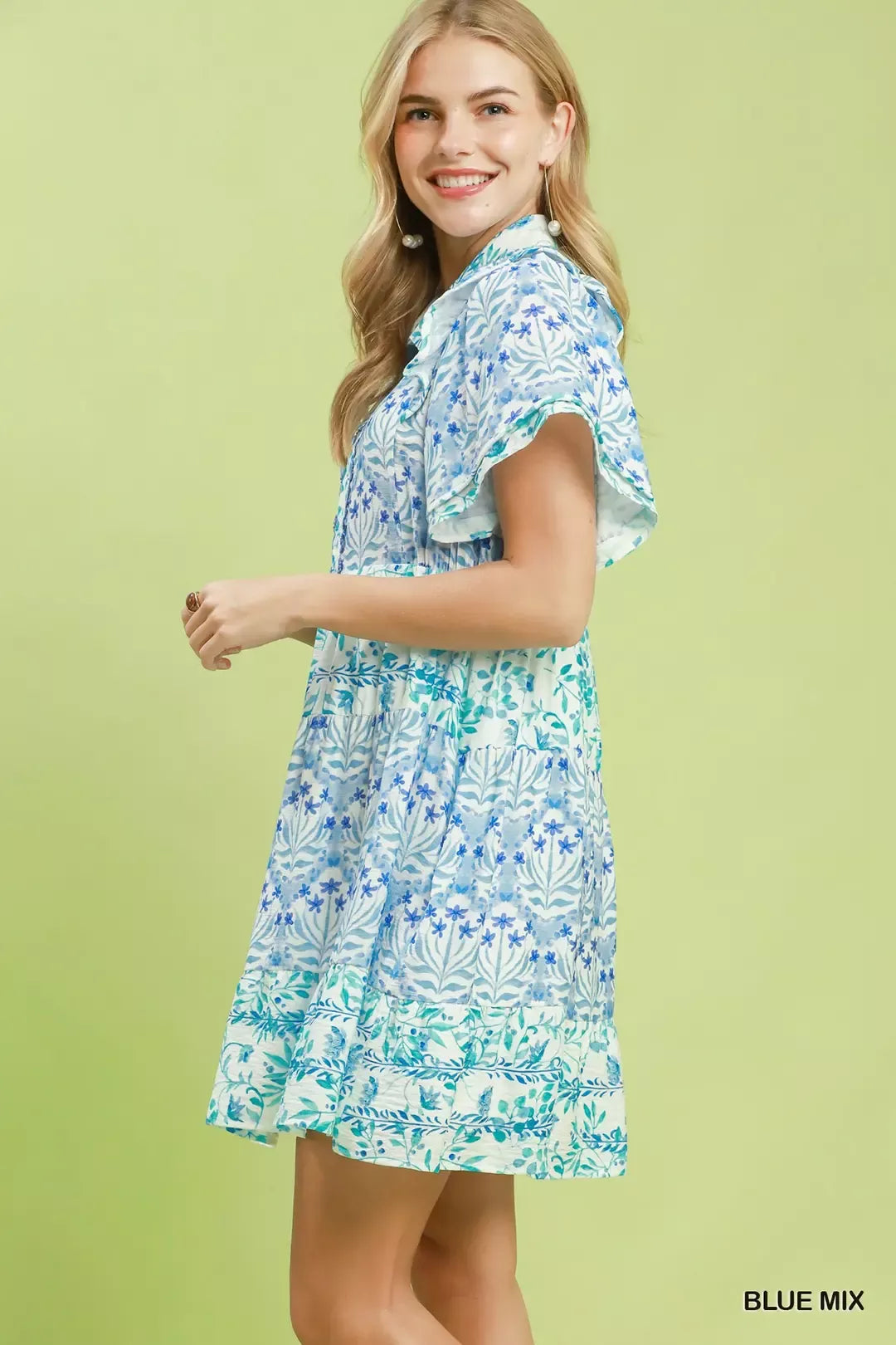 Umgee Mixed Floral Tiered Mini Dress with Flutter Sleeves BLUE MIX view 2 (dress) - umgee mixed floral  - shop at us.meeeshop