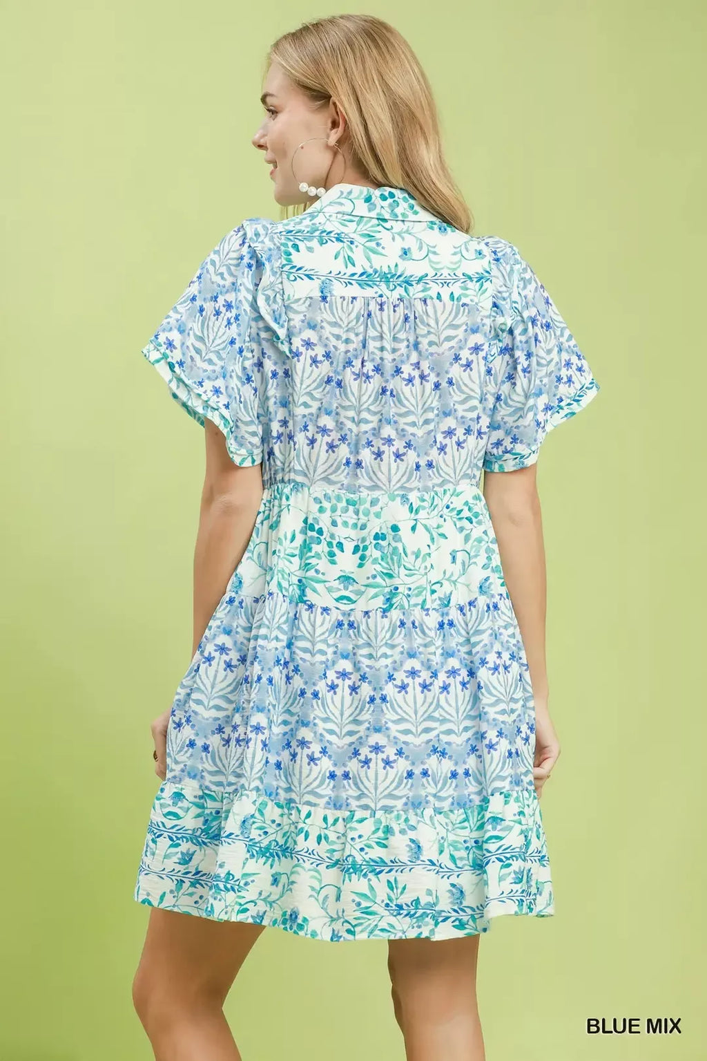Umgee Mixed Floral Tiered Mini Dress with Flutter Sleeves BLUE MIX view 3 (dress) - umgee mixed floral  - shop at us.meeeshop