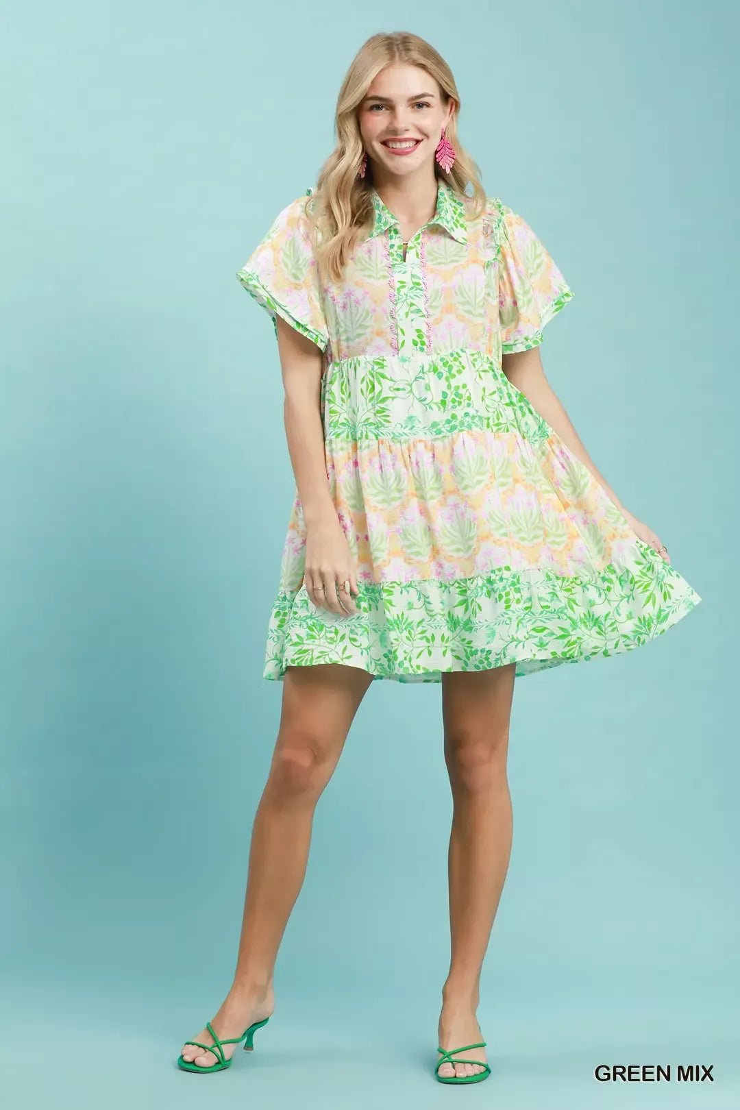 umgee mixed floral Umgee Mixed Floral Tiered Mini Dress with Flutter Sleeves view 6 (dress) - shop at us.meeeshop