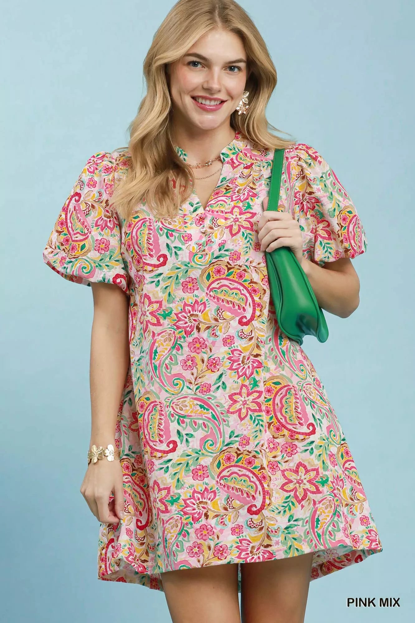Umgee Paisley Floral Puff Sleeve Shift Dress PINK MIX (dress) - umgee paisley midi dress, umgee blue pa - shop at us.meeeshop