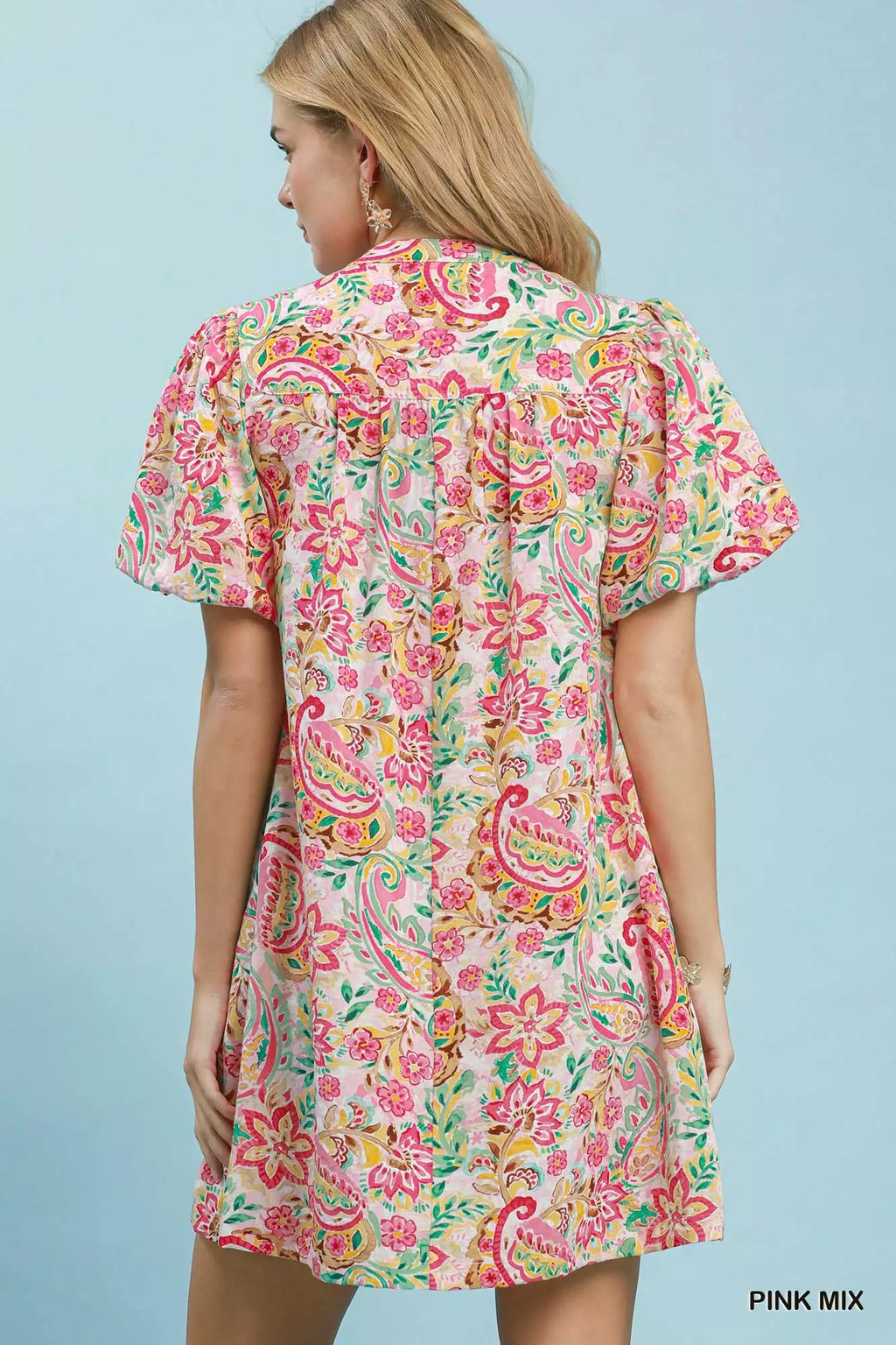 Umgee Paisley Floral Puff Sleeve Shift Dress PINK MIX view 3 (dress) - umgee paisley midi dress, umgee  - shop at us.meeeshop