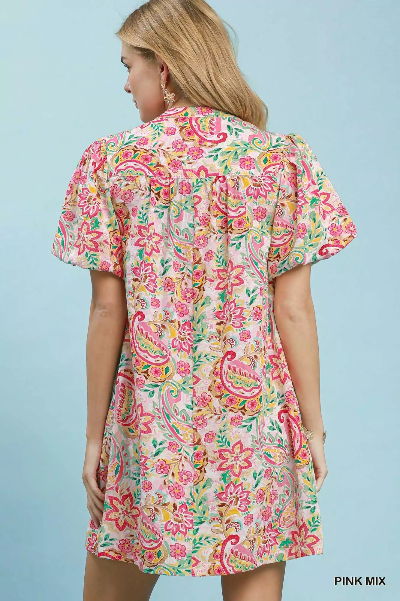 Umgee Paisley Floral Puff Sleeve Shift Dress PINK MIX view 3 (dress) - umgee paisley midi dress, umgee  - shop at us.meeeshop