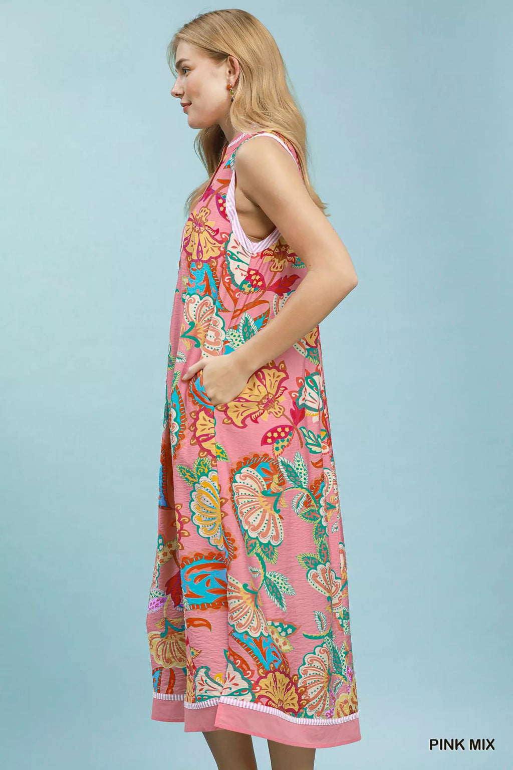 Umgee Paisley Floral Sleeveless Midi Dress PINK MIX view 2 (dress) - umgee paisley midi dress, umgee bl - shop at us.meeeshop