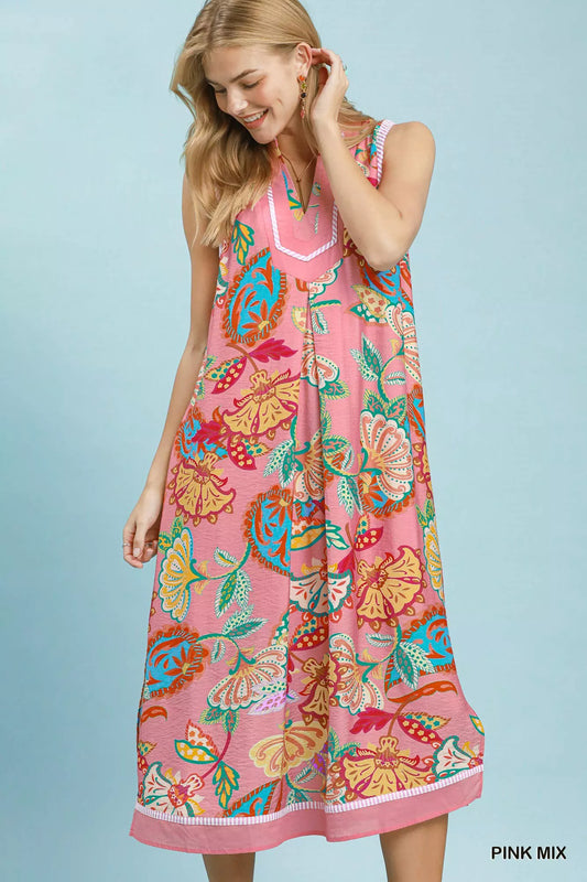 umgee paisley floral Umgee Paisley Floral Sleeveless Midi Dress PINK MIX (dress) - shop at us.meeeshop