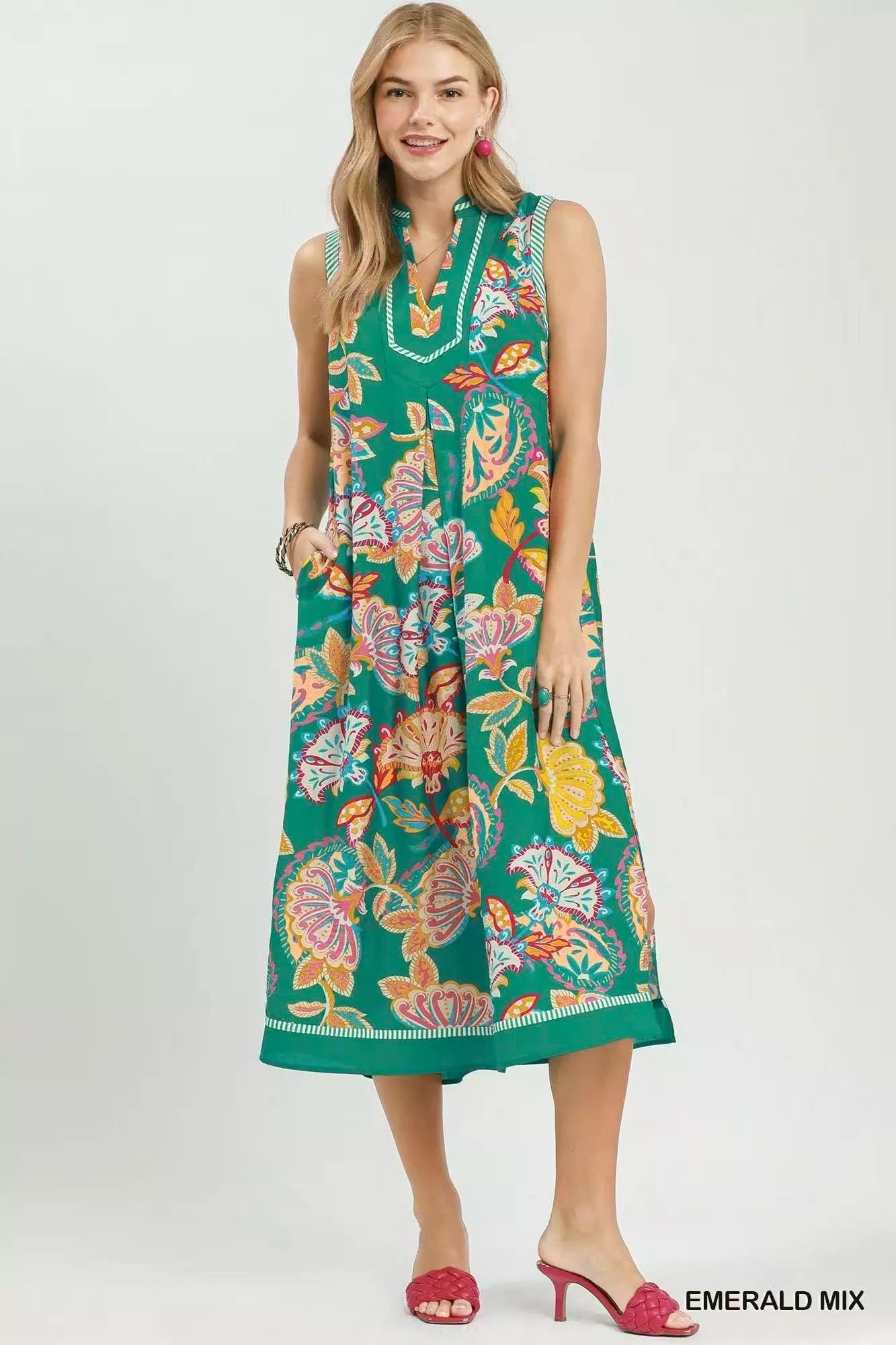 umgee paisley floral Umgee Paisley Floral Sleeveless Midi Dress EMERALD MIX (dress) - shop at us.meeeshop
