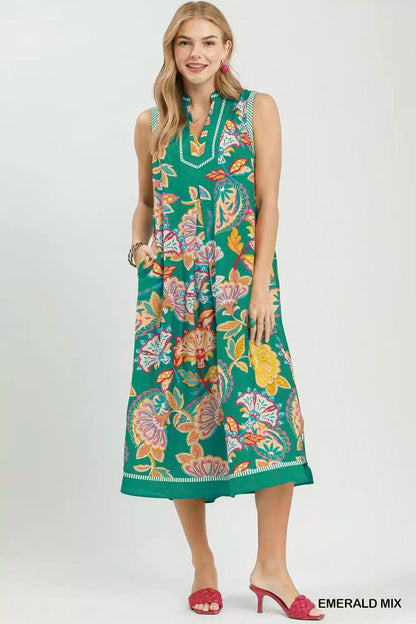 umgee paisley floral Umgee Paisley Floral Sleeveless Midi Dress EMERALD MIX (dress) - shop at us.meeeshop