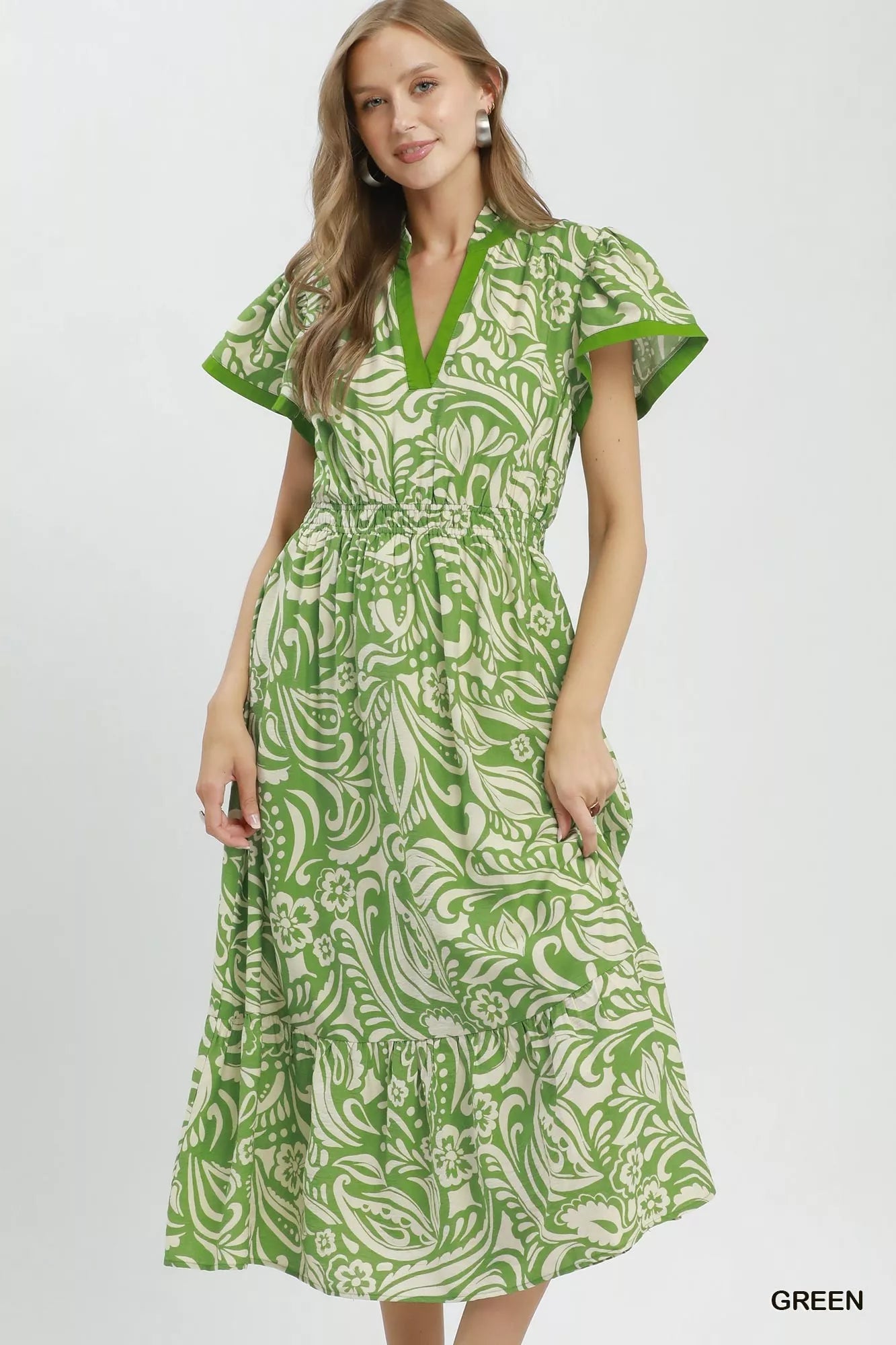Umgee Paisley Print Midi Dress with Side Pockets GREEN (dress) - umgee paisley midi dress, umgee blue p - shop at us.meeeshop