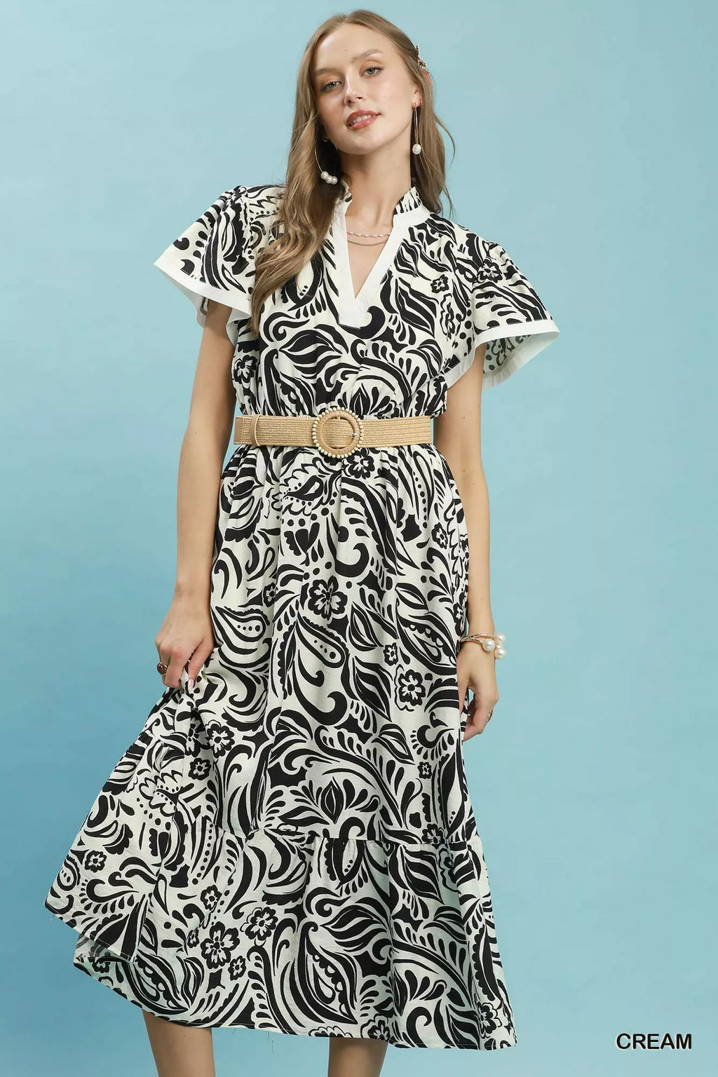 Umgee Paisley Print Midi Dress with Side Pockets CREAM (dress) - umgee paisley midi dress, umgee blue p - shop at us.meeeshop