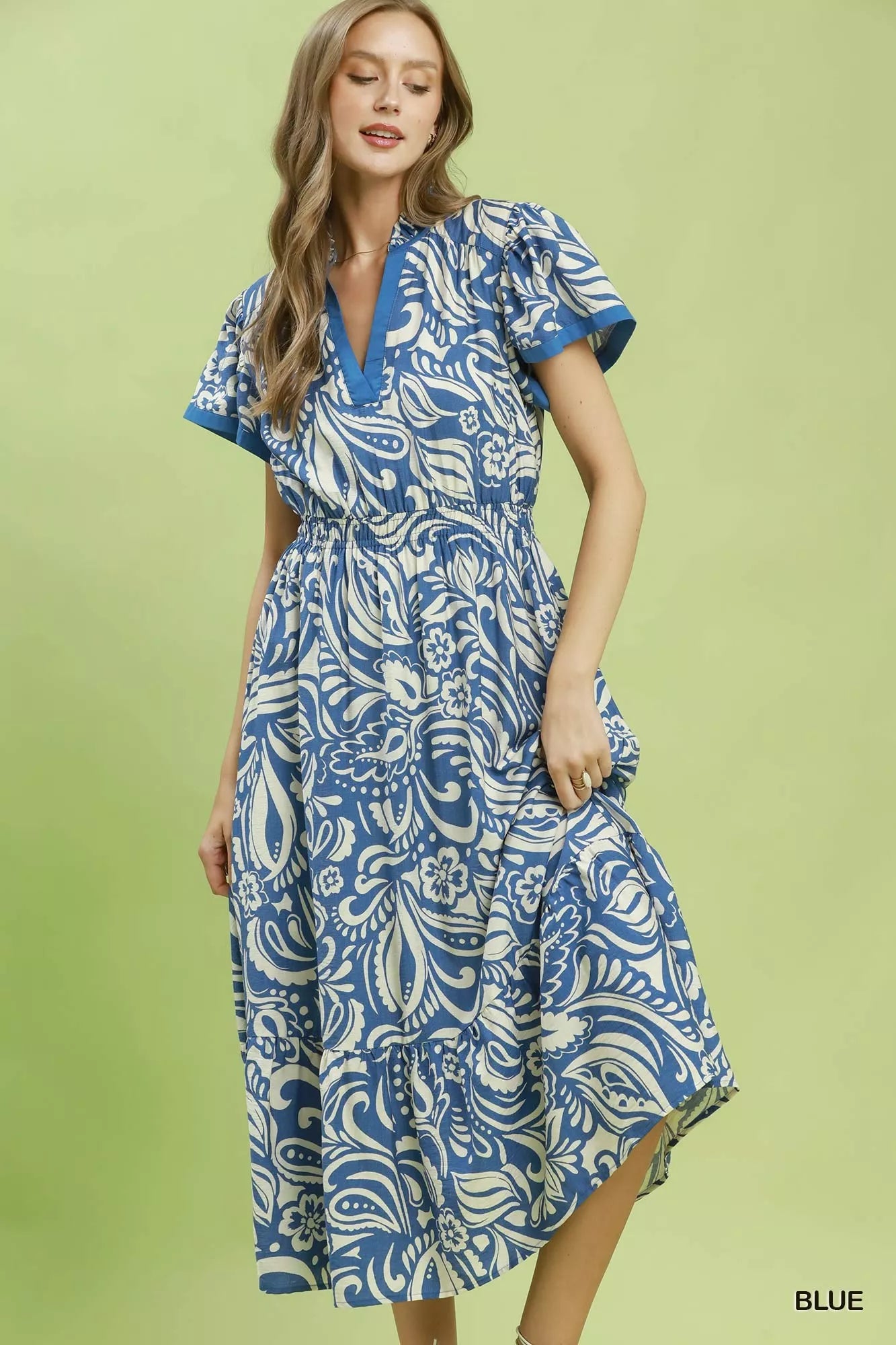 umgee paisley print Umgee Paisley Print Midi Dress with Side Pockets BLUE (dress) - shop at us.meeeshop