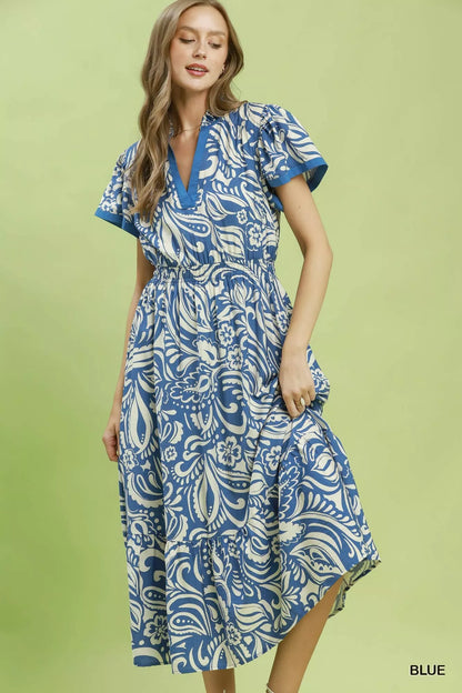 umgee paisley print Umgee Paisley Print Midi Dress with Side Pockets BLUE (dress) - shop at us.meeeshop
