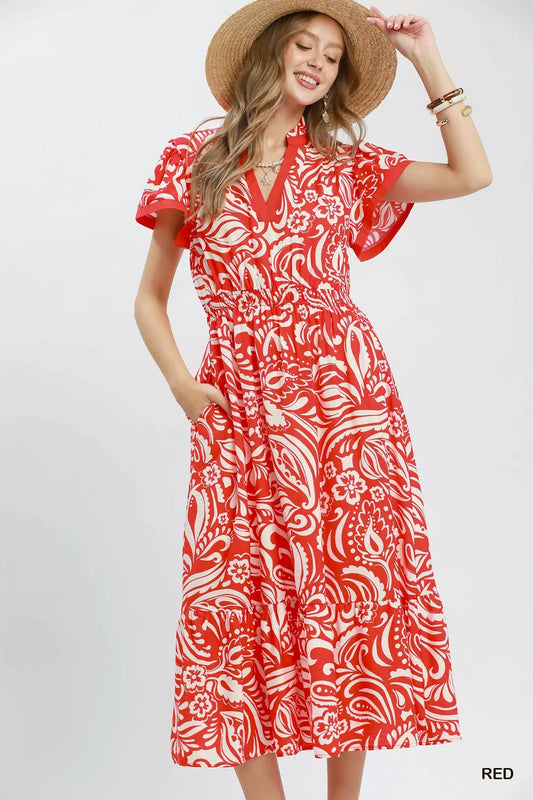umgee paisley print Umgee Paisley Print Midi Dress with Side Pockets RED (dress) - shop at us.meeeshop