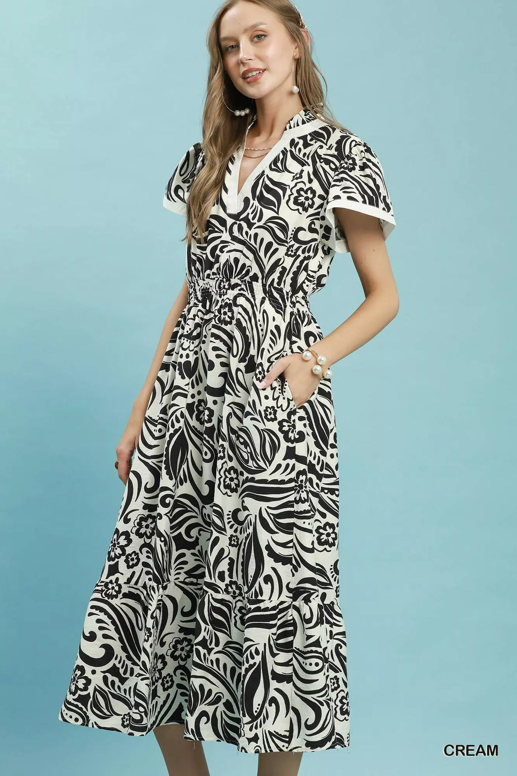 Umgee Paisley Print Midi Dress with Side Pockets CREAM view 2 (dress) - umgee paisley midi dress, umgee - shop at us.meeeshop