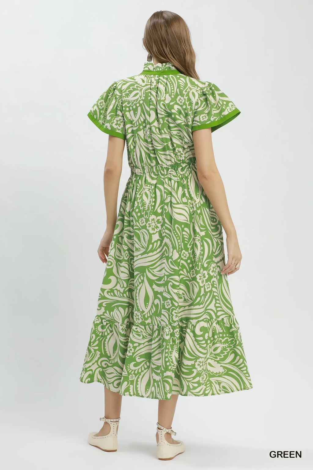 Umgee Paisley Print Midi Dress with Side Pockets GREEN view 3 (dress) - umgee paisley midi dress, umgee - shop at us.meeeshop