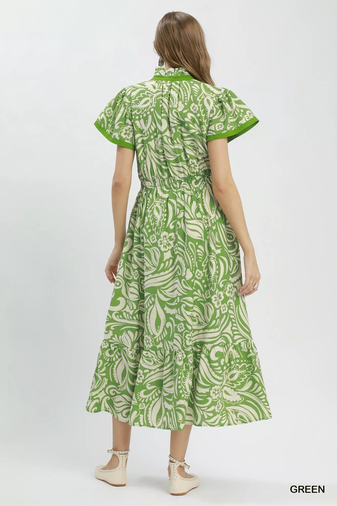 Umgee Paisley Print Midi Dress with Side Pockets GREEN view 3 (dress) - umgee paisley midi dress, umgee - shop at us.meeeshop