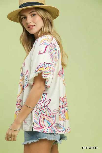 umgee paisley print Umgee Paisley Print Puff Sleeve Top view 3 (top) - shop at us.meeeshop