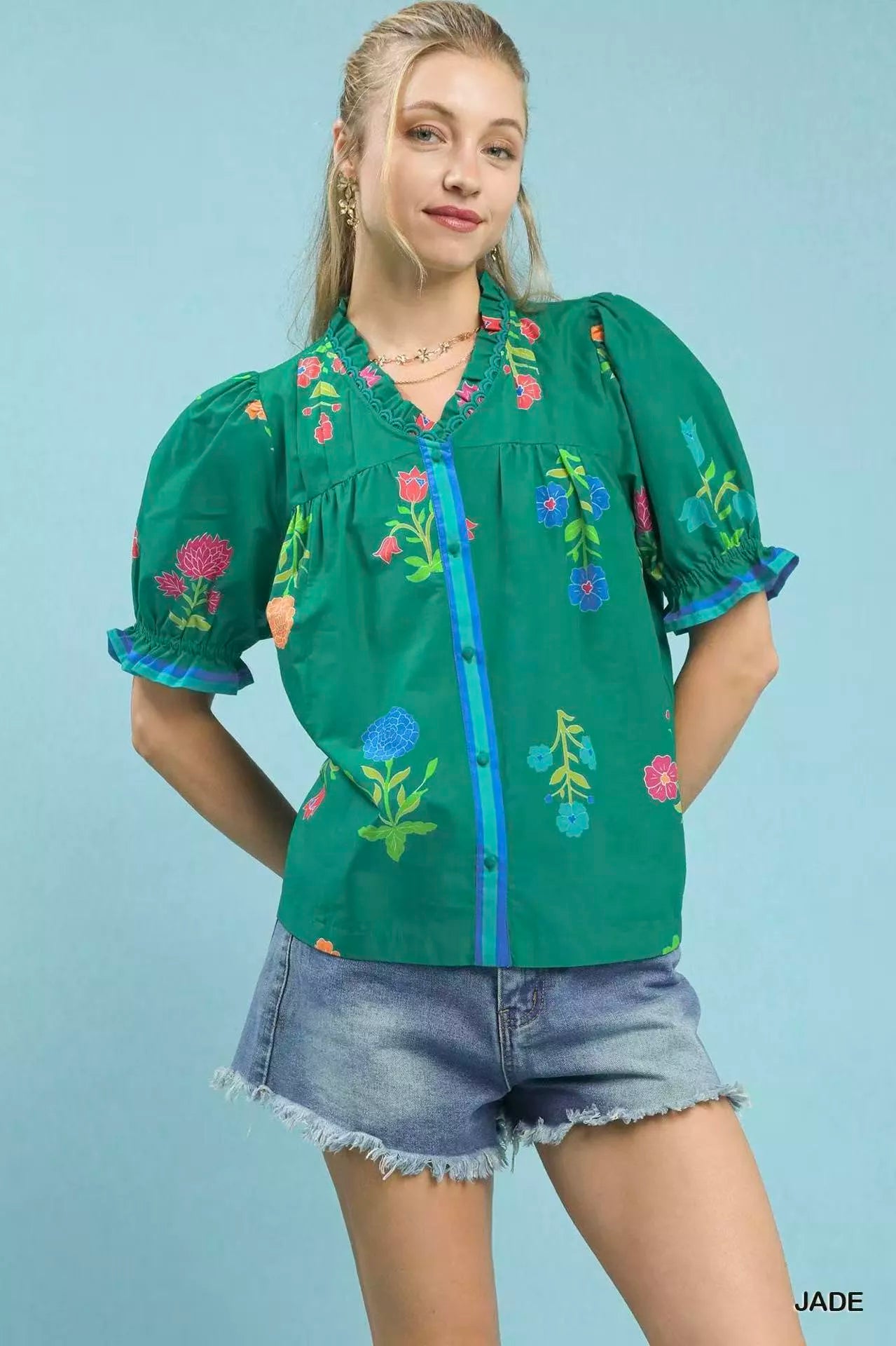 umgee petal parade Umgee Petal Parade Print Button-down Blouse JADE (top) - shop at us.meeeshop