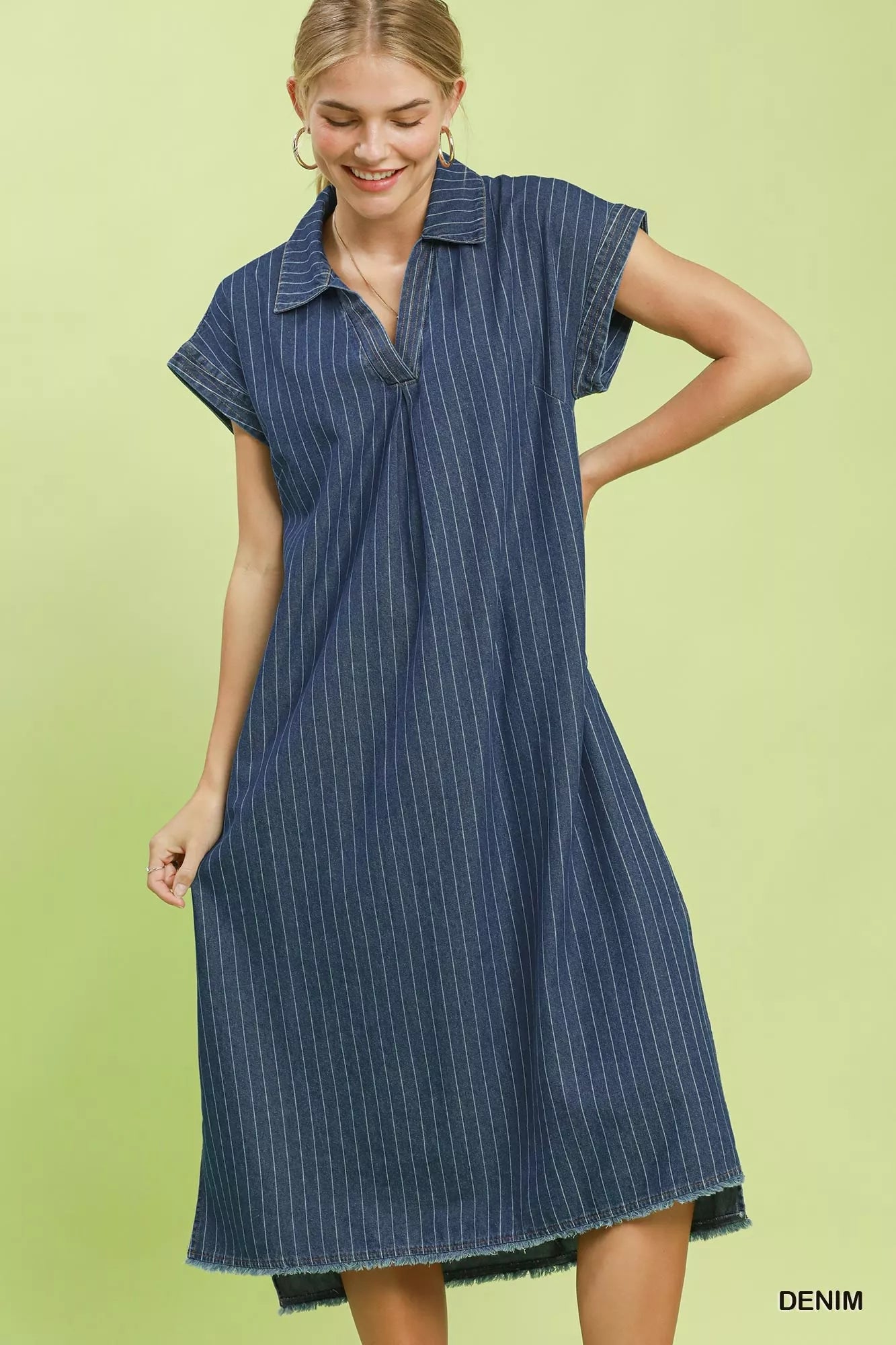 Umgee Pinstripe Denim Collared Midi Dress with Side Slits DENIM (dress) - umgee pink stripe dress, umge - shop at us.meeeshop