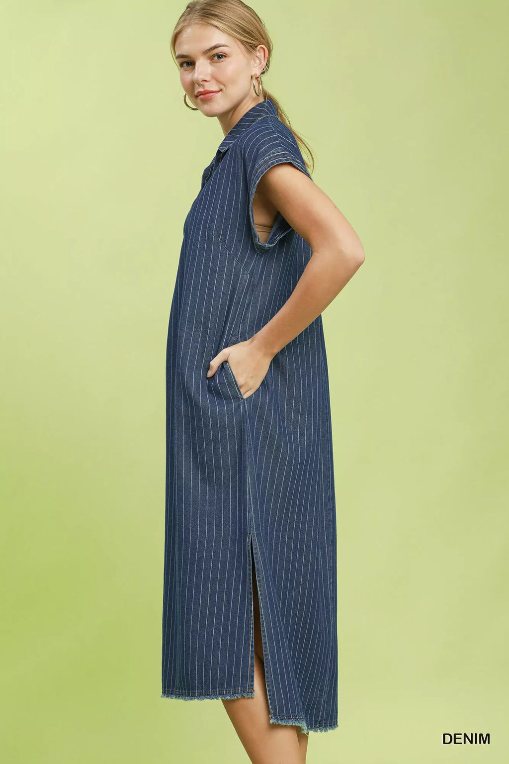 Umgee Pinstripe Denim Collared Midi Dress with Side Slits DENIM view 2 (dress) - umgee pink stripe dres - shop at us.meeeshop